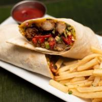 Sisig Burrito · Our sisig with cheese in a warm flour tortilla and served with fries.