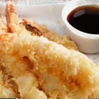 Shrimp Tempura ( 4Pcs) · Deep-fried shrimp tempura served with dipping tempura sauce.
