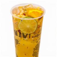 Passion Fruit Lemon · Made with fresh lime juice, includes Ice Jelly, Chia Seeds and fresh fruit (orange, lime, ap...