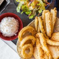 Tempura Shrimp & Vegetables · Crispy tempura shrimp(3 pes) and Assorted vegetables served with rice and garden salad.
