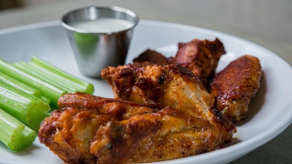 Baked Wings · Option of mild, spicy, or honey bbq. Served with celery and side or home-made ranch or blue cheese.
