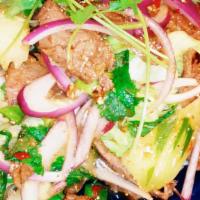 Beef Salad · Spicy. Gluten free. Grilled beef, tomato, cucumber, mint, sliced lemongrass, shallot, green ...