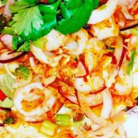 Shrimp Or Squid Salad · Spicy. Gluten free. Grilled shrimp or squid combine with tomato, cucumber, shallot, green on...