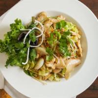Sri Thai Pad Gai · Wide size rice noodle with egg, cabbage, onion, lettuce, and beansprout.