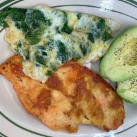 Avocado, Grill Chicken 3 Egg Whites & Spinach Platter · 