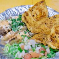 Chicken Breast Plate · A large portion of our grilled chicken with a side salad and grilled cheesy potato wedges.