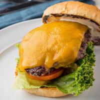Mary D Cheeseburger · 1/3 Pound Angus beef patty with cheddar cheese, lettuce, tomato, onion, pickle, mayo and mus...