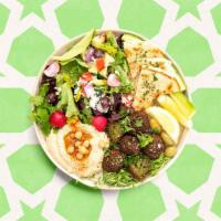 Falafel Hummus Plate · Fresh falafel with hummus, salad, tahini, and pita bread.