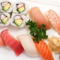 Sushi Deluxe (16 Pcs.) · 2 tuna, white fish, salmon, yellowtail, shrimp, a chef's choice, eel, 2 roe and California r...