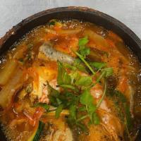 동태탕 /Dong Tae Tang · Spicy pollock soup with assorted vegetables.