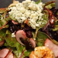 Nola Sunburst Shrimp Salad · Grilled gulf shrimp on a bed of mixed greens, topped with dried cranberries, pecans, radishe...