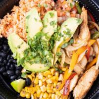 Chicken Bowl · Chicken, Grilled Peppers, Onions, Cilantro & Limes.
Served w/ Rice, Black Beans, Pico de Gal...