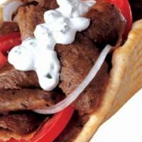 Gyros Pita · Hand carved seasoned beef and lamb with onions, tomatoes and original homemade tzatziki sauc...