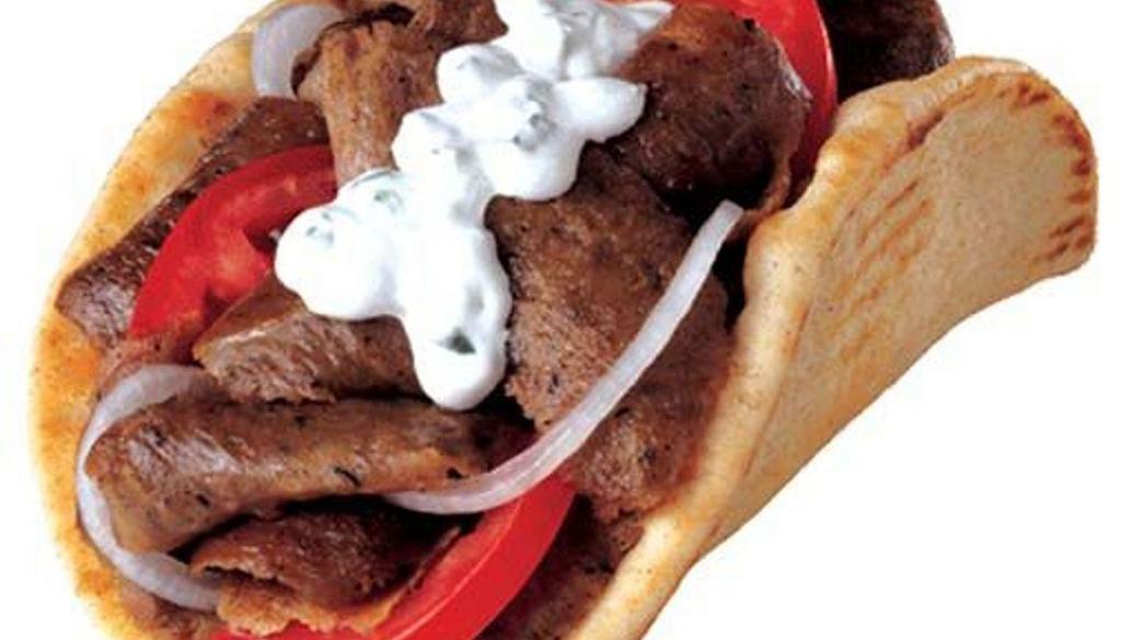 Gyros Pita · Hand carved seasoned beef and lamb with onions, tomatoes and original homemade tzatziki sauce in a pita