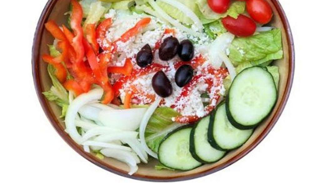 Greek Salad · Romaine lettuce, English cucumbers, tomatoes, red peppers, onions, feta cheese, pepperoncini, olives and our house Greek vinaigrette.