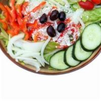 Small Greek Salad · Side Small Greek Salad - Romaine lettuce, English cucumbers, tomatoes, red peppers, onions, ...