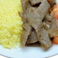 Gyros Plate · Seared layers of beef and lamb, served with rice, onions, tomatoes, pita bread and tzatziki ...