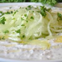 Creamy Yogurt Cucumber Salad · Zara’s home-made Greek yogurt mixed with freshly diced cucumbers, olives, finely chopped dil...