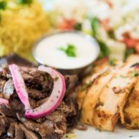 Shawarma Lover Platter · Generous portions of two delicious meat items (chicken, beef shawarma or gyro) roasted on ve...