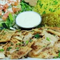 Chicken Shawarma Platter · Thinly sliced chicken breast marinated in house spices roasted on vertical “spit” served wit...