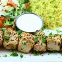 Chicken Shish Kabob · Tender chunks of boneless chicken breast marinated in special yogurt sauce and herbs char-gr...
