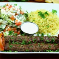 Kefta Kabob Platter · 2- skewers of a blend of fine ground top sirloin beef and lamb meat, fresh parsley, onions a...