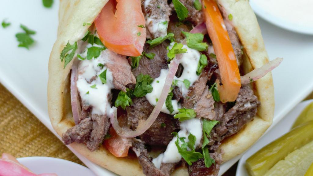 Beef Shawarma Wrap · Thin slices of seasoned top sirloin beef cooked on slowly revolving vertical broilers wrapped in pita with tomatoes, pickled turnips, hummus spread, seasoned red onions and light creamy garlic sauce.