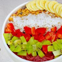 One Stop Bowl  · Organic Acai, Pink Guava, Blueberry, Banana,
Topping; Honey oat granola, half banana, kiwi, ...