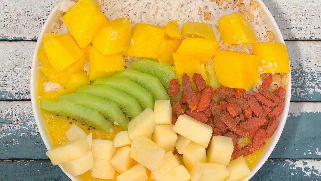 Sunrise Bowl  · Pasion fruit, Mango, Peach
Topping; Granola, mango, pineapple, goji berry, Kiwi, apple, coconut