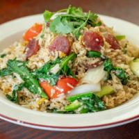 F6 Chinese Sausage Fried Rice · Thai style stir-fried jasmine rice with Chinese sausage, carrot, onion, and egg.