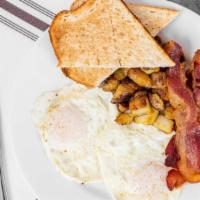 Two Eggs, Home Fries, Toast, Meat · Two eggs with home fries, toast and your choice of meat