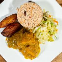 Curry Chicken · Served with your choice of rice (white rice, yellow rice or rice & peas), cabbage and planta...