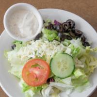 Dinner Salad (Whole) · Mixed greens, tomatoes, cucumbers, black olives & mozzarella, with your choice of dressing.