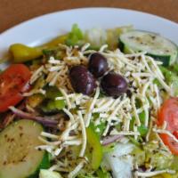 Greek Salad (Half) · Mixed greens, tomatoes, cucumbers, green peppers, Kalamata olives, red onion, pepperoncini p...