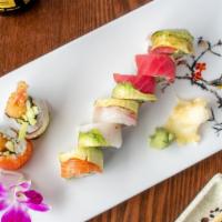Glen Burnie · Shrimp tempura, cucumber inside topped with white tuna, tuna, salmon, yellowtail, &avocado w...