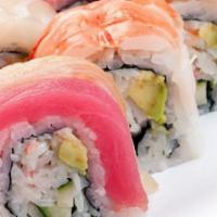 Rainbow · California roll topped with tuna, salmon, white fish yellowtail, & avocado.