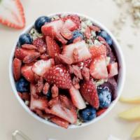 The Chill Berry · Blend: açai, strawberries, bananas, apple juice. 
Toppings: hemp granola, strawberries, blue...