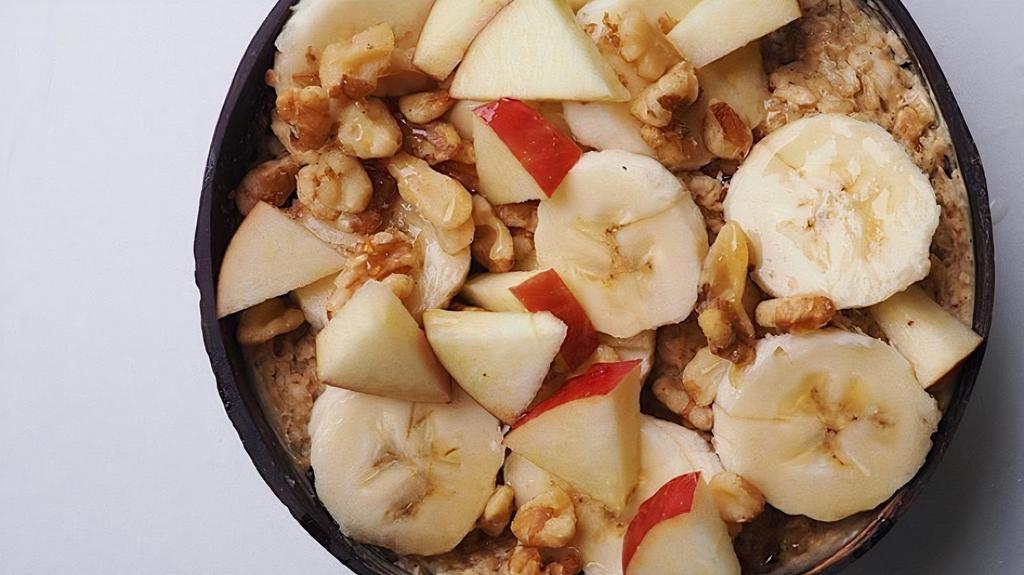 Oatmeal Swirl  · Oatmeal mixed with almond milk, Vanilla Vega protein, and almond butter. Topped with bananas, apples, walnuts, and honey.