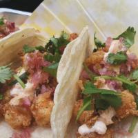 Shrimp Tacos (Dd) · 3 tacos with lightly fried shrimp topped with homemade Pico, remoulade, and a seasoned ranch...