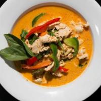 C2 Panang Curry · Spicy.  Eggplants, bell peppers, broccoli, coconut milk, and lime leaf.