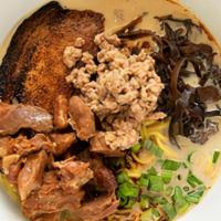 Meat Lover'S · Toppings: 2x choice of chashu, ground pork, mayu garlic oil, kikurage mushrooms and green on...
