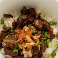Chashu Don (Pork) · Pan-fried and sauced pork over steamed rice with green onions and bonito flakes
