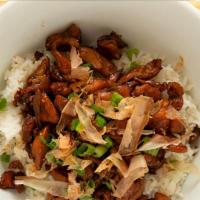 Chashu Don (Chicken) · Pan-fried and sauced chicken over steamed rice with green onions and bonito flakes