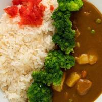 Curry (Veggie) · Spiced gravy with veggie broth, diced potatoes, broccoli, peas, carrots and fukujinzuke pick...