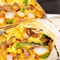 Bw Breakfast Burrito - No Meat · Our robust burrito with potatoes, scrambled eggs, grilled onions and peppers with your choic...