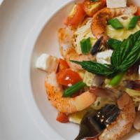 Shrimp Santorini · Shrimp, tomatoes, scallions, feta, basil, chardonnay lemon-butter sauce, angel hair pasta or...