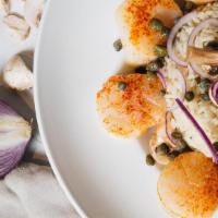 Scallops Medusa · Deep sea scallops, capers, onions, mushrooms, sherry garlic butter sauce, angel hair pasta o...