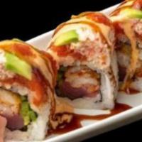 Mexican Roll · Inside: crawfish, jalapenos, salmon. Outside: crab mix, spicy tuna, avocado, eel sauce, spic...