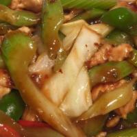Szechuan Chicken · Sliced chicken sautéed with mixed vegetables in a spicy home Szechuan sauce.