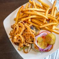 Bbq Bacon Cheddar Burger · Pour house burger | cheddar | BBQ | bacon | fried onion straws | LTP | brioche bun. Choice o...